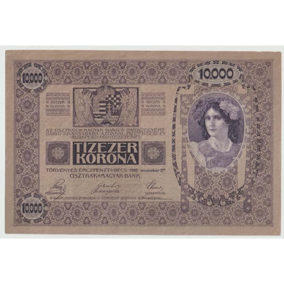 1918 10000 korona bankjegy (Osztrák–Magyar Monarchia) UNC, felülbélyegzés nélküli, két nyelvű változat- R!!