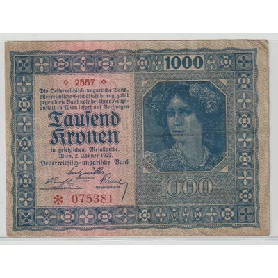 1922 1000 Korona Tausend Kronen osztrák bankjegy