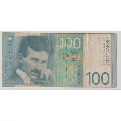 2000 100 dinara bankjegy (Jugoszlávia) – Nikola Tesla portréjával