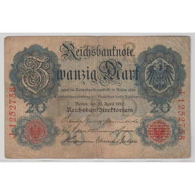 1910 Zwanzig Mark - német 20 márka bankjegy - Reichsbanknote