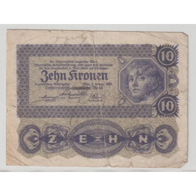 1922 10 Kronen Osztrák bankjegy