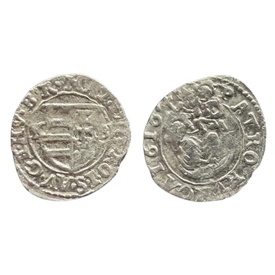 1616-os II. Mátyás ezüst denár – K-B verdejelű, Madonna ábrázolással