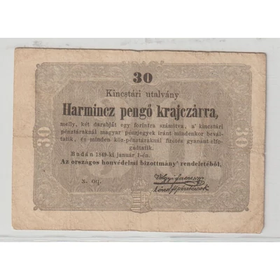 1849 30 Pengő Krajczárra Kincstári Utalvány