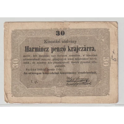 1849 30 Pengő Krajczárra Kincstári Utalvány
