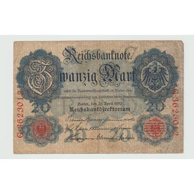 1910 Zwanzig Mark - német 20 márka bankjegy - Reichsbanknote