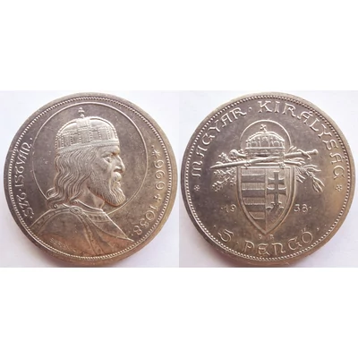 1938 5 Pengő Szent István ezüst emlékérme