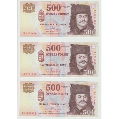 2011 500 forint 3 db UNC sorszámkövető bankjegy EB6781656-EB6781658