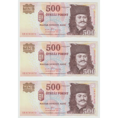 2011 500 forint 3 db UNC sorszámkövető bankjegy 
