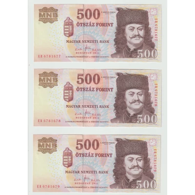 2011 500 forint 3 db UNC sorszámkövető bankjegy 