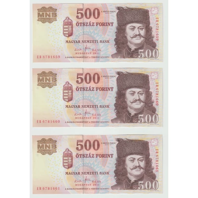 2011 500 forint 3 db UNC sorszámkövető bankjegy 