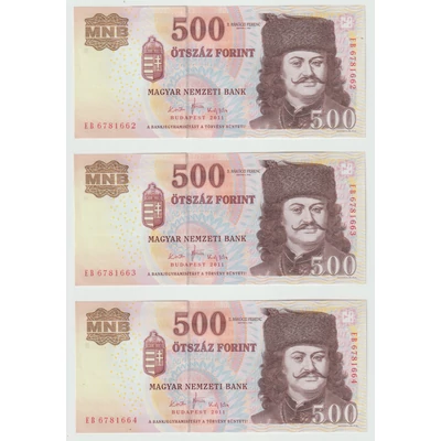 2011 500 forint 3 db UNC sorszámkövető bankjegy 