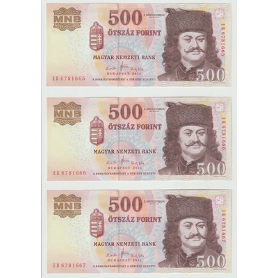 2011 500 forint 3 db UNC sorszámkövető bankjegy 