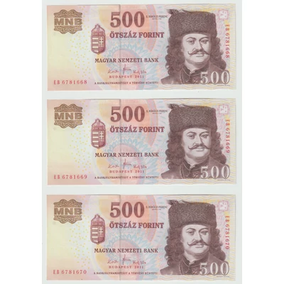 2011 500 forint 3 db UNC sorszámkövető bankjegy 