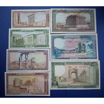 1980-88 Libanon 1-5-10-25-50-100-250 Livres 7 db-os gyönyörű UNC bankjegy sor