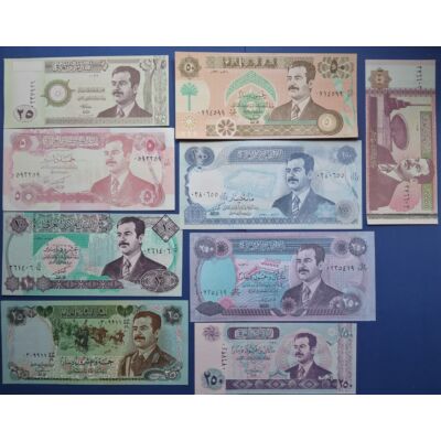 1986-2002 Irak 5-10-25-25-50-100-250-250-10000 Dinar 9 db UNC bankjegy