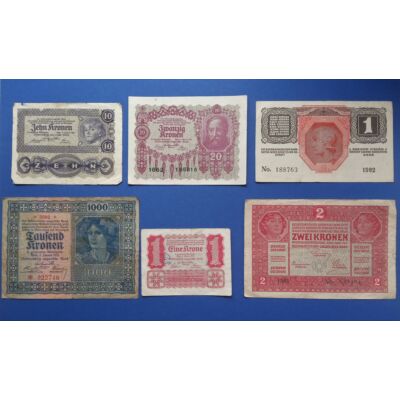 1917-1922 Osztrák- Magyar korona bankjegy sor 6 darab vegyes tartásfokon