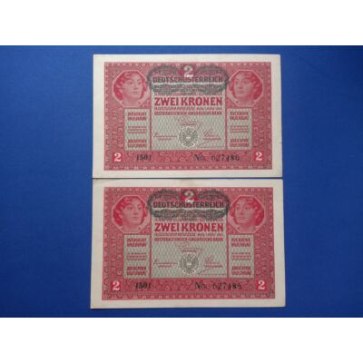 1917 2 korona 2 db sorszámkövető hajtatlan bankjegy