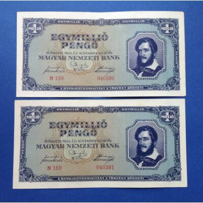 1945 1 millió Pengő 2 db sorszámkövető XF bankjegy Numizmatika - bankjegyek