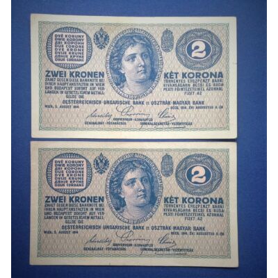 1914 2 korona 2 db majdnem sorszámkövető XF bankjegy