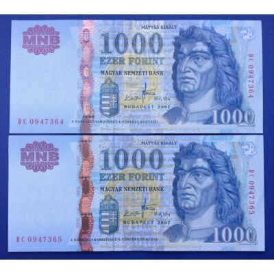 2007 1000 forint DC sorszámkövető Extra fine bankjegy pár. Piros sorszám. Numizmatika-bankjegyek