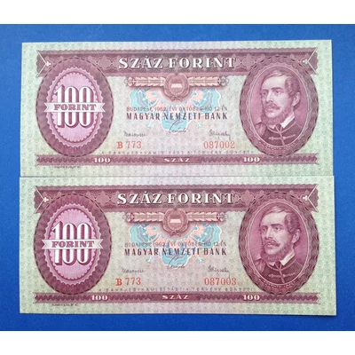 1962 100 forint UNC sorszámkövető bankjegy pár Numizmatika-bankjegyek