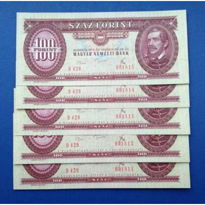 1975 100 forint 5 darab UNC sorszámkövető bankjegy Numizmatika-bankjegyek