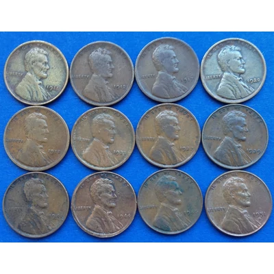 1911-1951 Lincoln Wheat cent, amerikai 1 centes érme lot 12 db egyben