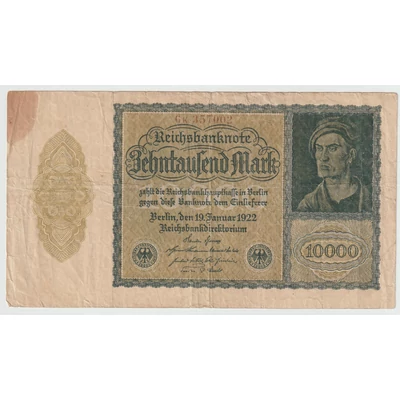 1922 10000 Márka - Zehntausend Mark nagy méretű bankjegy - Reichsbanknote Németország