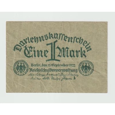 1922 1 Márka bankjegy Németország – Eine Mark, (Darlehnskassenschein)