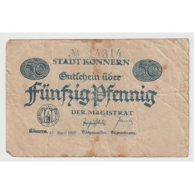 1920 50 Pfennig Notgeld Stadt Könnern (helyi önkormányzat)