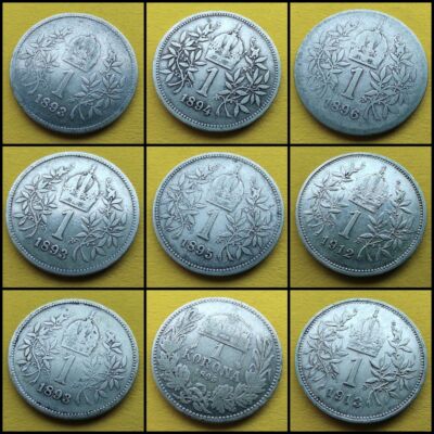 1893 -1915 1 korona 9 db-os ezüst érme sor