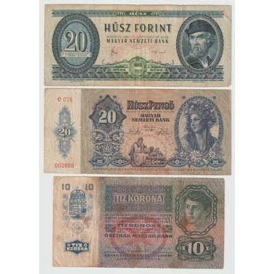 Magyar Pénztörténet Trió, Forint - Pengő - Korona 3 db-os vegyes, magyar bankjegy sor