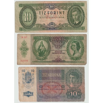 Magyar Pénztörténet Trió, Forint - Pengő - Korona 3 db-os vegyes, magyar bankjegy sor