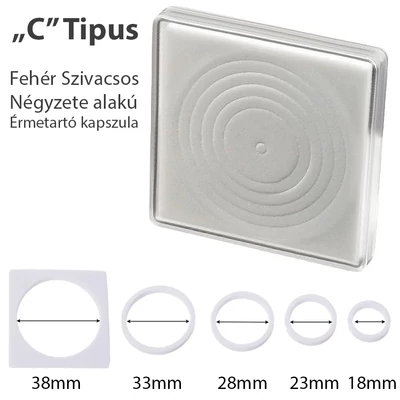 Fehér habbetétes, szögletes érmekapszula, 18, 23, 28, 33, 38 mm