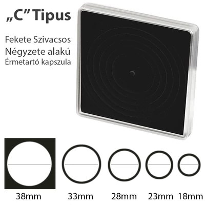 Fekete habbetétes, szögletes érmekapszula, "C" típus 18-23-28-33-38mm