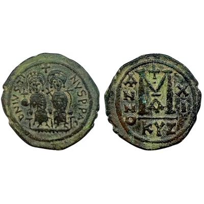 II. Justinus és Sophia bizánci bronz érme Kr.u. 575 AE Follis Kyzikos verde SB 372