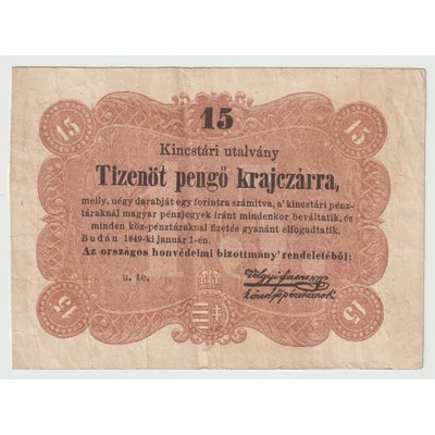 1849 15 Krajczár Kincstári Utalvány