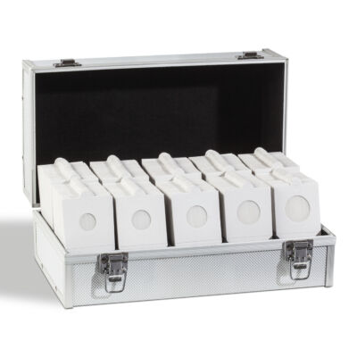 Érmetartó koffer 1000 db-os kapacitás, öntapadós érmetartó kerettel feltöltve, 100 x Ø 17,5-39,5 mm