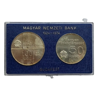1974 50 - 100 Forint emlékérme pár eredeti tokban Magyar Nemzeti Bank fennállásának 50. évfordulója (1924–1974)
