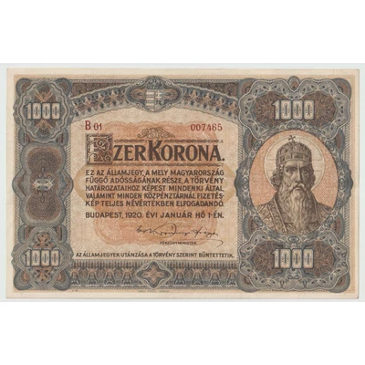 1920 1000 Korona Államjegy UNC