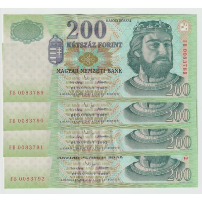 2002 200 Forint sorszámkövető bankjegyek 4 db FB sorozat, papírránc aUNC