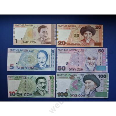 1997 Kírgizisztán 1-5-10-20-50-100 Szom UNC bankjegy sor. Numizmatika - bankjegyek