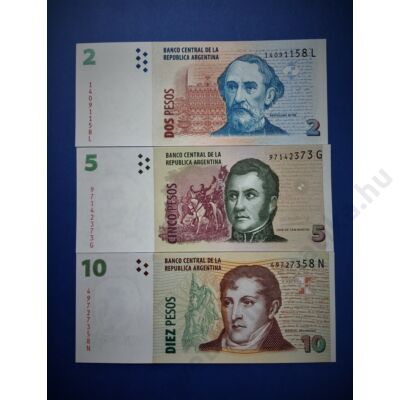 2012 Argentina 2-5-10 Peso UNC bankjegy sor. Numizmatika - bankjegyek