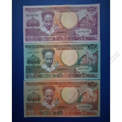 1988 Suriname 100-250-500 Gulden UNC bankjegy sor. 3 db egyben Numizmatika - bankjegyek