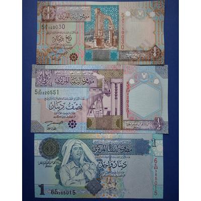 2002-2004 Líbia 1/4-1/2-1 Dinar UNC bankjegy sor. 3 db egyben