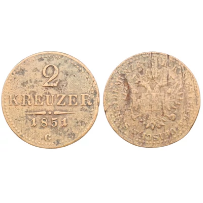 1851 2 Kreuzer (Krajcár) érme, Ritka "G" verdejel