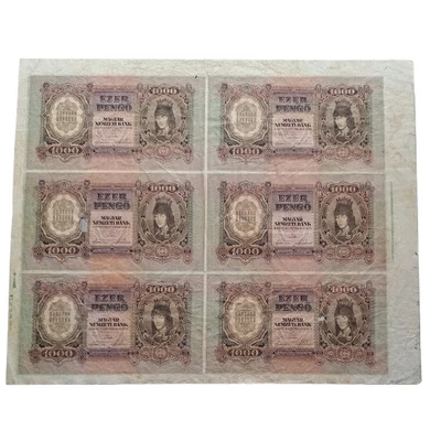 1943 1000 Pengő vágatlan bankjegy ív (6 db sorozatszám követő és azonos sorszámú bankjegy)