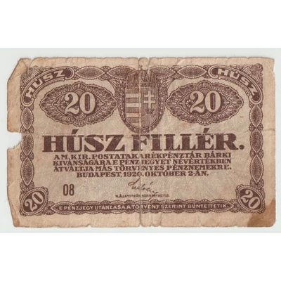 1920 20 Fillér pénzjegy