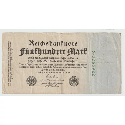 1922 500 Márka - Fünfhundert Mark bankjegy - Reichsbanknote Németország