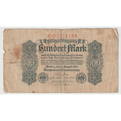 1922 100 Márka - Hundert Mark bankjegy - Reichsbanknote Németország